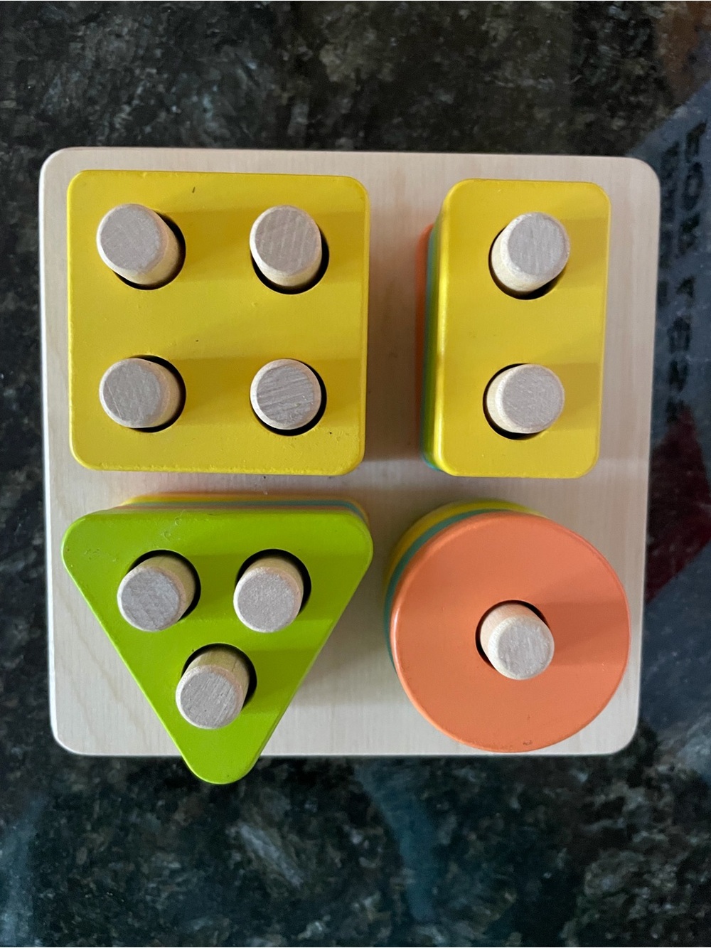 Wooden Shape Peg Stacker in Yellow, Green & Orange